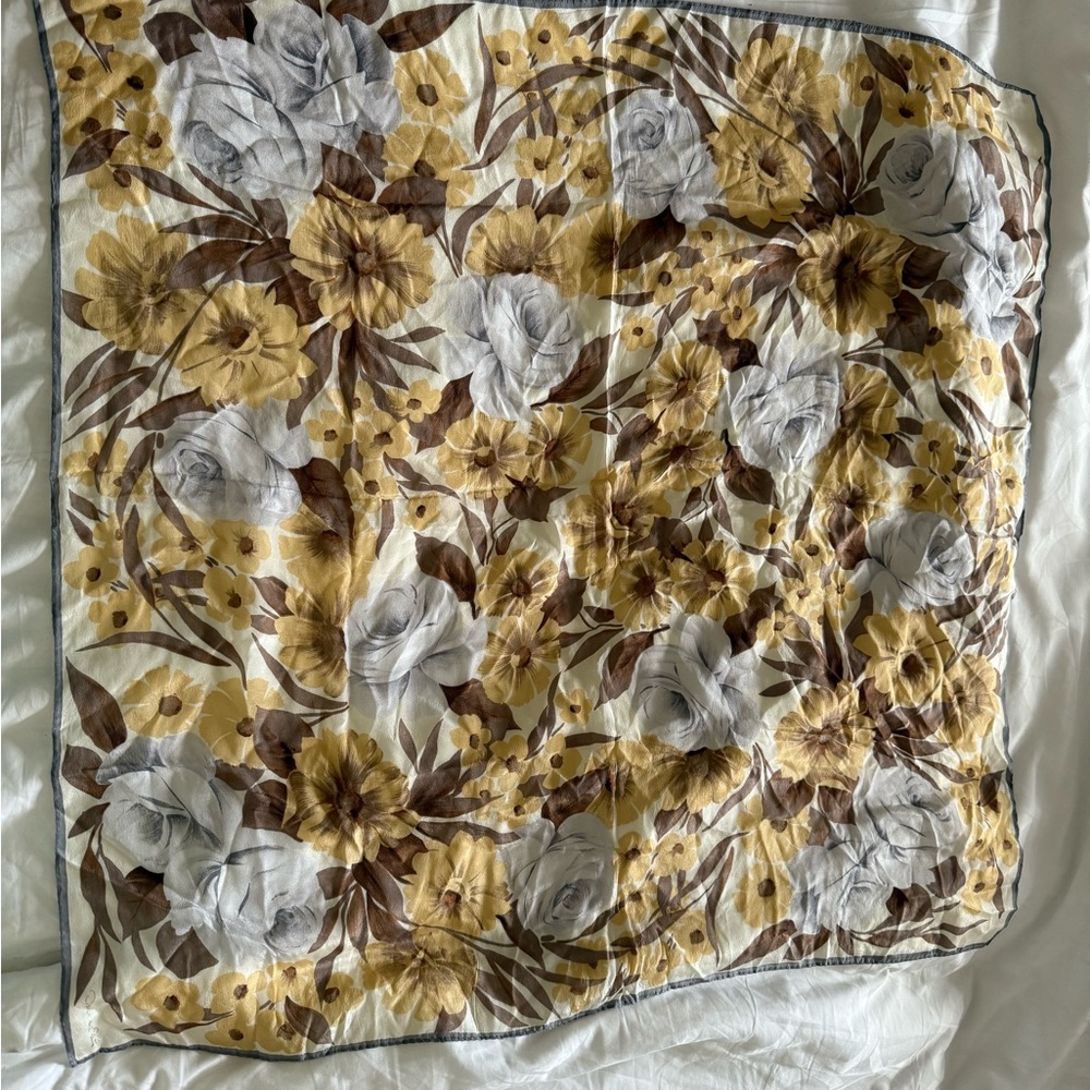 Vintage Oscar De La Renta 100% Silk Square Scarf 30” Gold, Silver Flowers